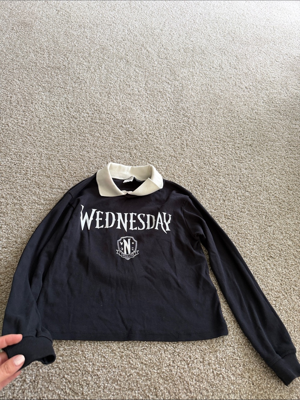 Zara Black Long Sleeve 'Wednesday' Tee with White Collar